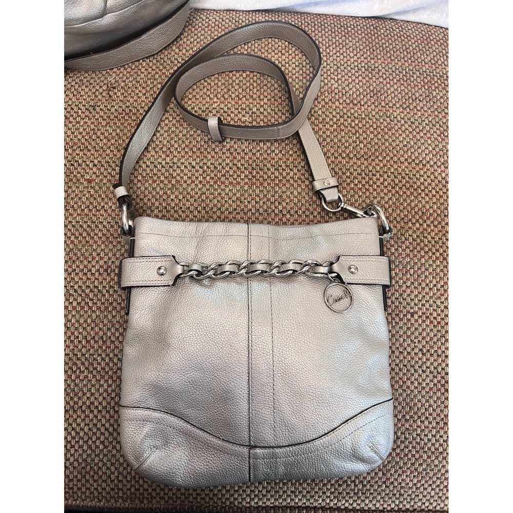 Coach Metallic Silver Leather Crossbody Bag Chain Accent F19722 Champagne